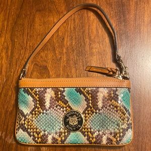 Dooney and Bourke aqua green brown white snakeskin, print wristlet
